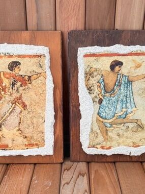 ARS-MARTOS Italy Fresco Wall Plaques Set of 2 Wooden Greek Roman Art, Vintage